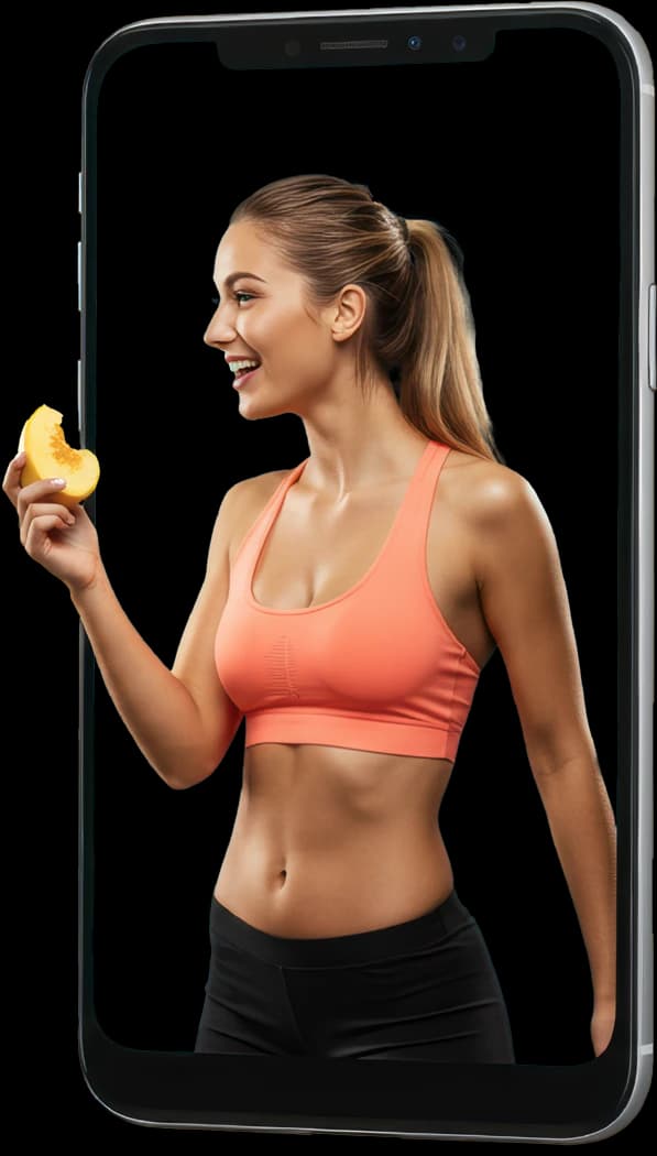 A woman stepping out of a phone screen holding a piece of fruit