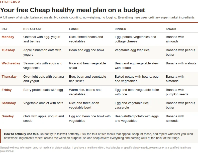Preview of the printable cheap healthy meal plan on a budget
