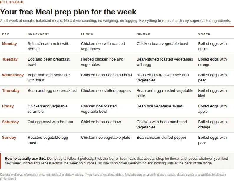 Preview of the printable meal prep plan for the week