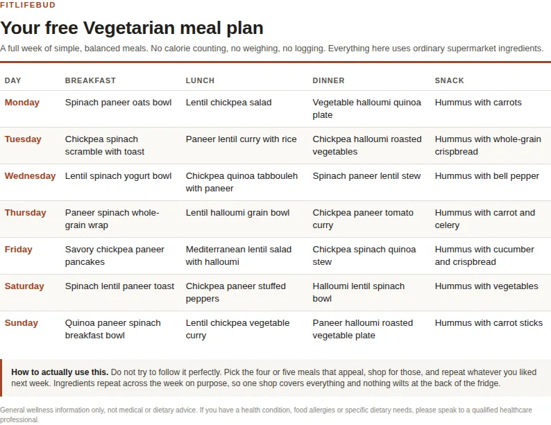 Preview of the printable vegetarian meal plan